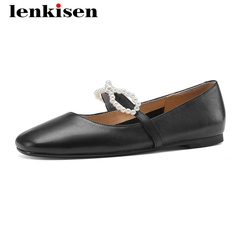 

Lenkisen new french romantic full grain leather butterfly-knot beading square toe thick low heel slip on spring women pumps L11