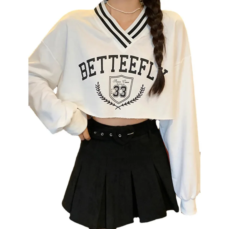 

XUXI 2021 весна осень толстовка женская Свободная Корейская тонкая модная печать с длинным рукавом V-образным вырезом Короткая Толстовка E3165