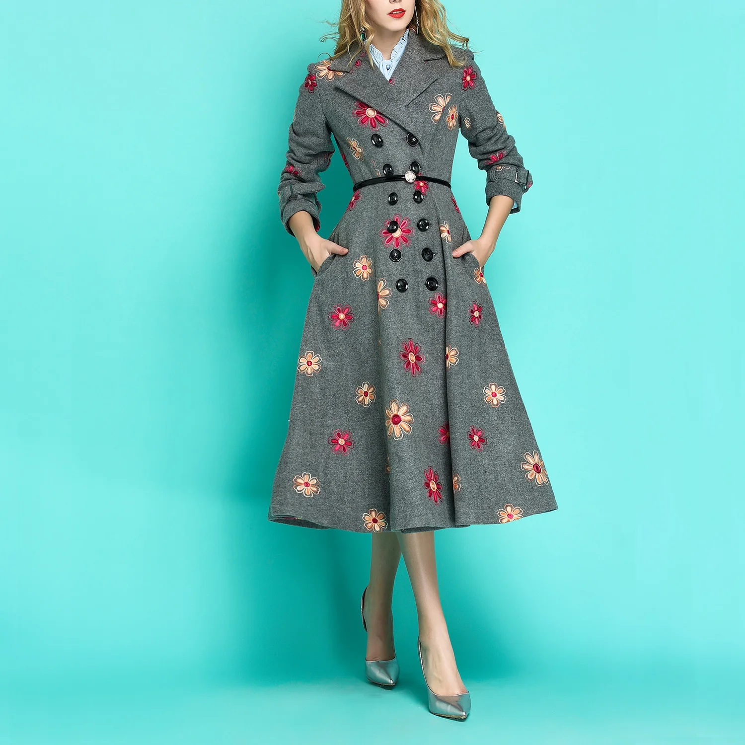 Зимнее длинное пальто Женское шерстяное с вышивкой винтажная шерстяная куртка