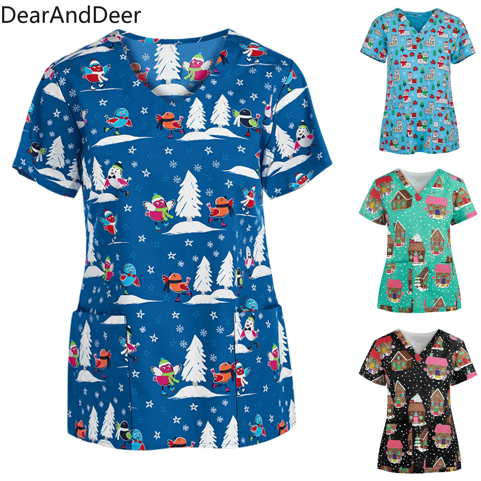

Women's Christmas Printed Casual Short Sleeve V-neck Caregiver Top Nursing Frosted with Pocket Ladies Work Uniform
