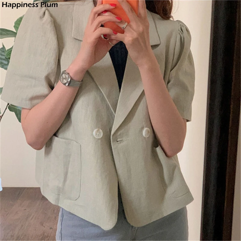 

2021 Autumn Women Fashion Puff Sleeve Blazer Jacket Short Sleeve Buttons Pockets Outerwear Cotton and Linen Wild Short