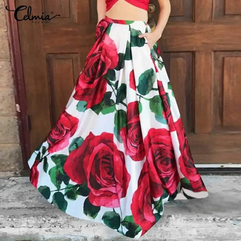 

2022 Autumn Women's High Waist Maxi Skirt Celmia Fashion Bohemian Flower Printed Fadals Casual Pleated Long Bottoms Oversized