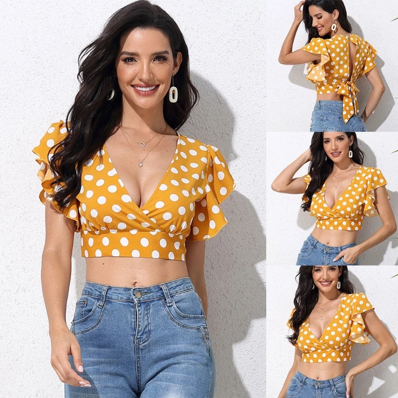 

Women Fashion Printed Crop Tops Polka Dots Sexy V Neck Blouse Butterfly Sleeve Cocktail Club T-Shirt