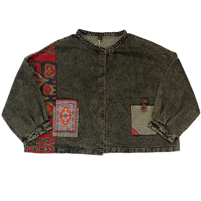 

LYUZHE Vintage Spring Patchwork Denim Coat Women 2021 O-Neck Single Breasted Spliced Denim Jacket Plus Size Female Coat QDY171