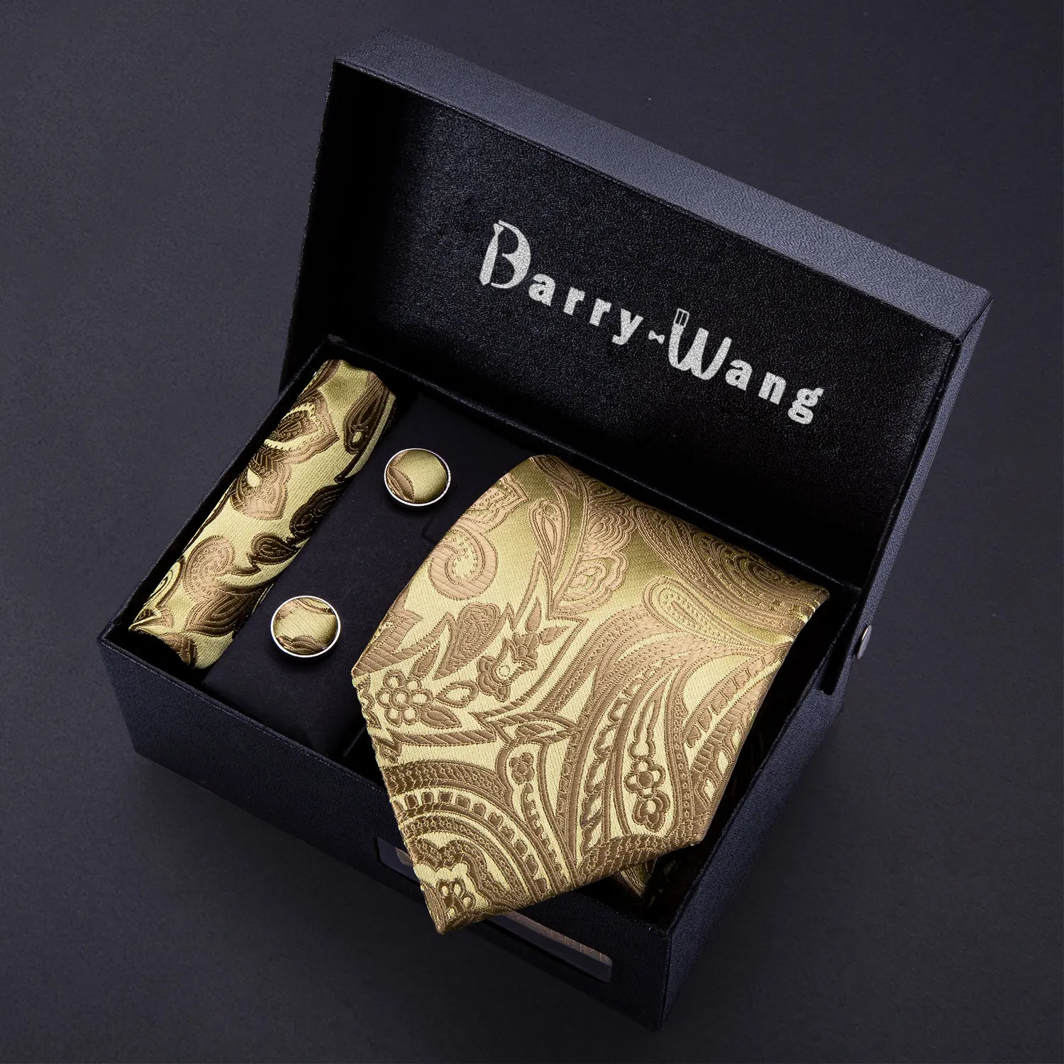 

Gold Men Tie Paisley Silk Tie Pocket Square Gift Box Set Barry.Wang Luxury Designer Neck Tie For Men Male Gravat Wedding BB-5150