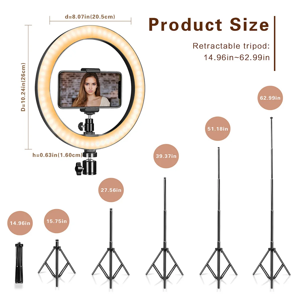 Кольцевой светодиодный светильник для селфи 10 дюймов со штативом и держателем