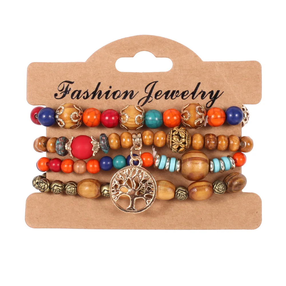 

Boho Chic Wooden Beads Bracelet 4 Pcs Vintage Ethnic Multilayer Bohemian Charm Wrist Jewelry Accessories