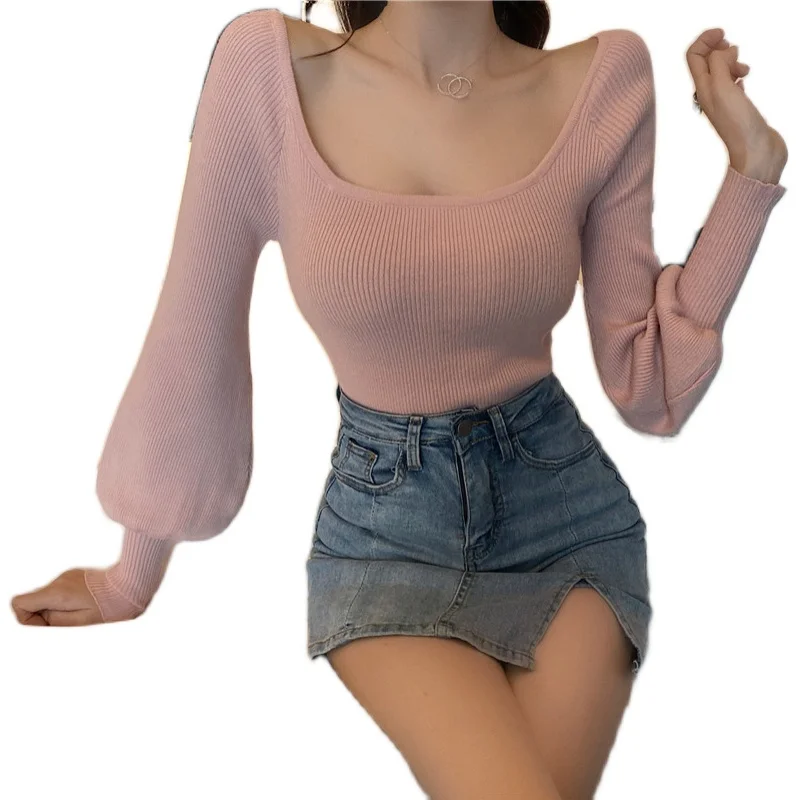 

Languid is lazy wind French side led lantern sleeve sweater female reap show thin waist loose backing long sleeve knit shirt sle