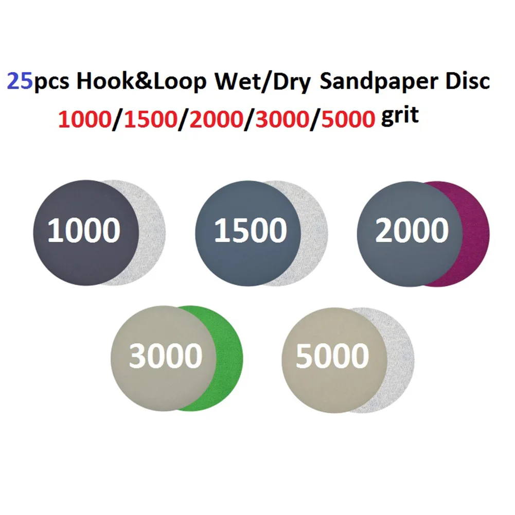 

25pcs 5inch Hook&Loop Wet/Dry 1000 1500 2000 3000 5000 Grit Sand Paper Loop Sanding Discs Waterproof Sandpaper For Woodworking