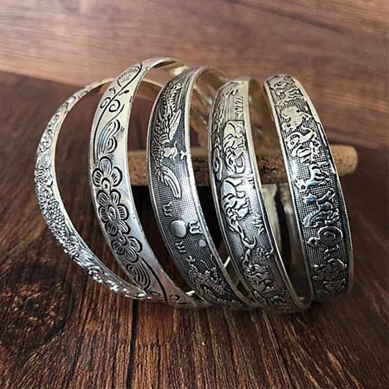

10 Styles Retro Opening Tibetan Totem Carved Bracelet Sliver Women Fashion Vintage Cuff Jewelry Bangle