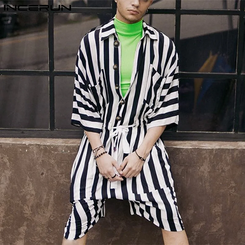 

Комбинезон INCERUN мужской в полоску, Модный ромпер с рукавом до локтя, с лацканами, на пуговицах, уличная одежда, повседневный комбинезон свобо...