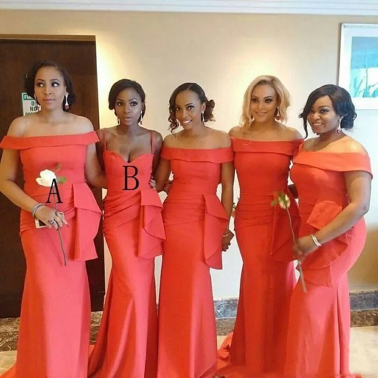 

2020 African Coral Satin Mermaid Bridesmaid Dresses Portrait Neck Ruched Ruffles Floor Length Plus Size Wedding Guest Maid Of Ho