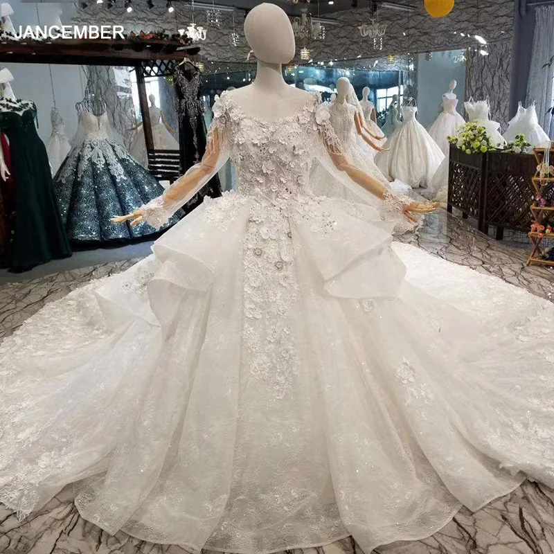 LSS075 free shipping beauty wedding gown o-neck long sleeve ball petal 3D flowers vestido elegante mujer para invitada boda | Свадьбы и