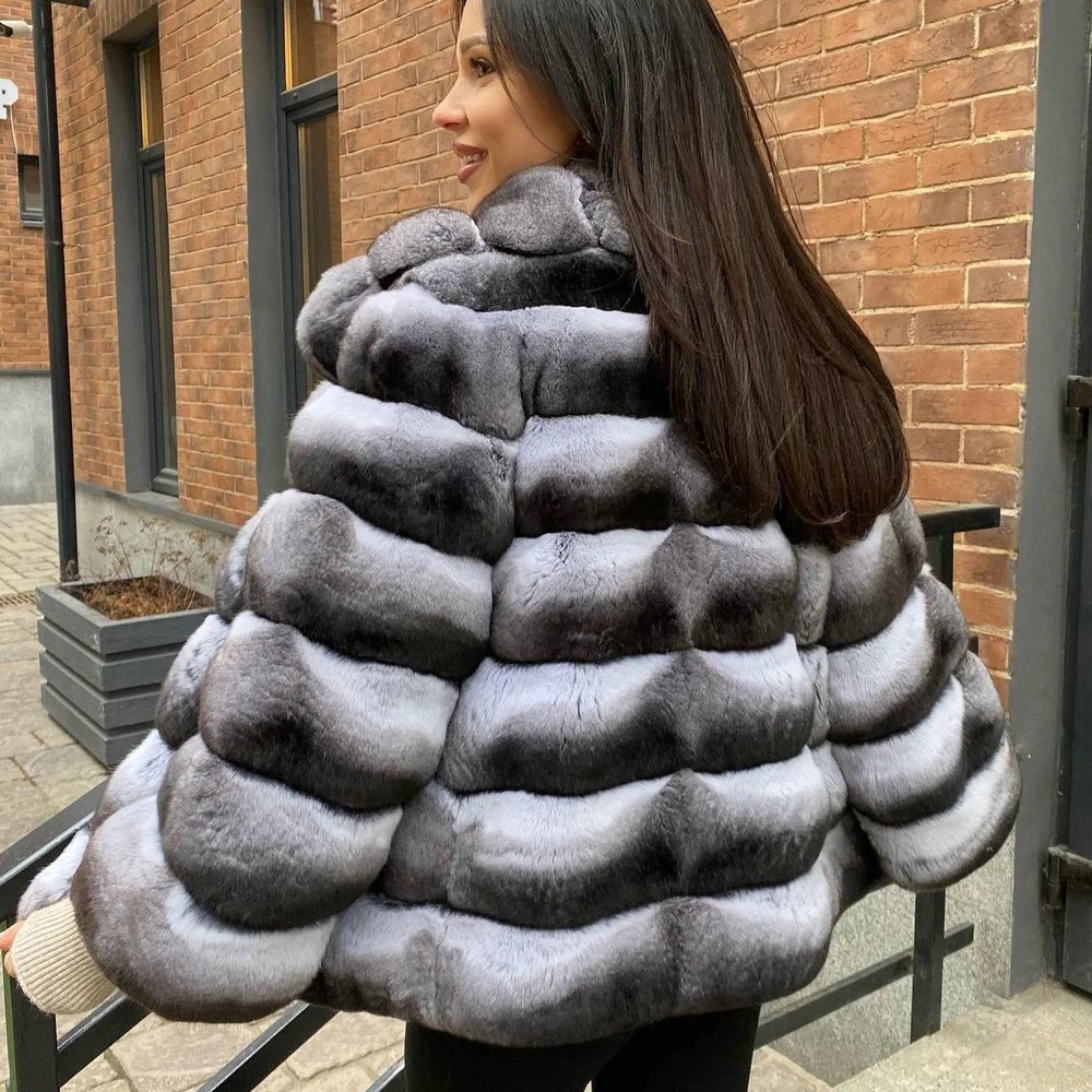 Women Genuine Rex Rabbit Fur Coat Turn-down Collar Natural High Quality Chinchilla Color Real Rex Rabbit Fur Jacket Short Outfit