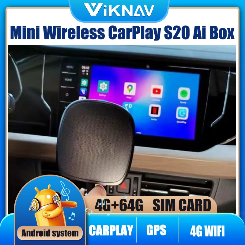 

Qualcomm Android system Applepie Mini Wireless CarPlay S20 Ai Box 4+64G Plug and Play Youtube Netfix for Benz Audi Nissan Hyundi