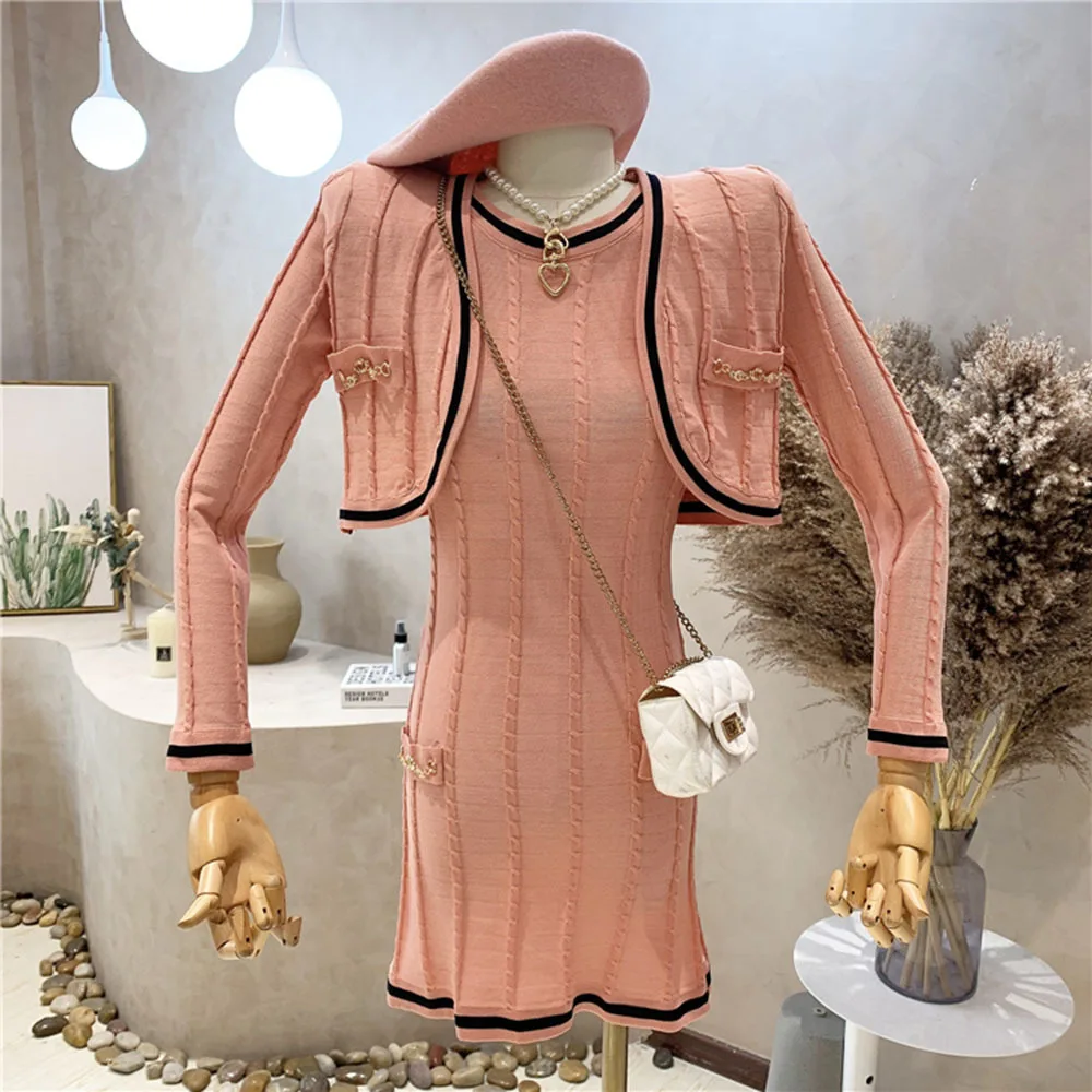 

Spring Autumn Korean Fashion Casual Knitted Two Piece Set Women Sweater Cardigan Coat + Sexy Bodycon Dress Suits