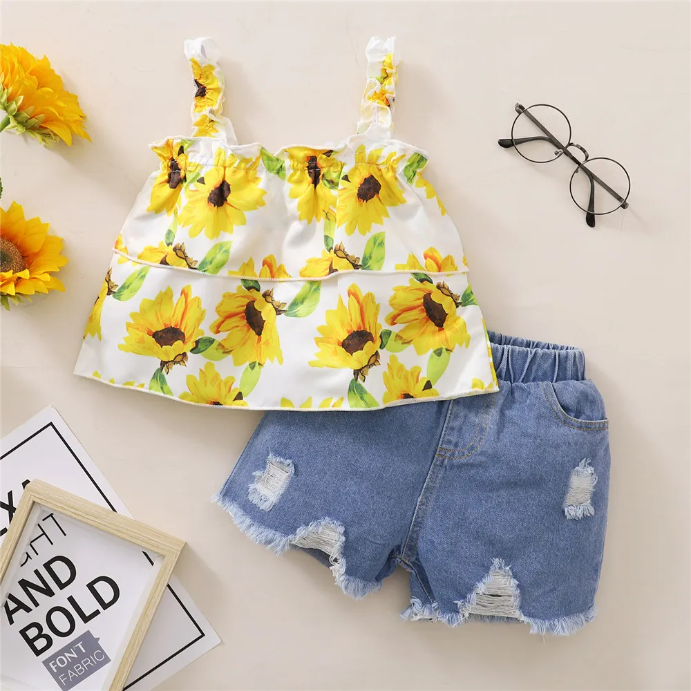 

Baby Girl Summer 2 Pieces Kids Children's Sets Toddler Girls Sleeveless Flower Print Tank Tops + Elastic Waist Denim Shorts