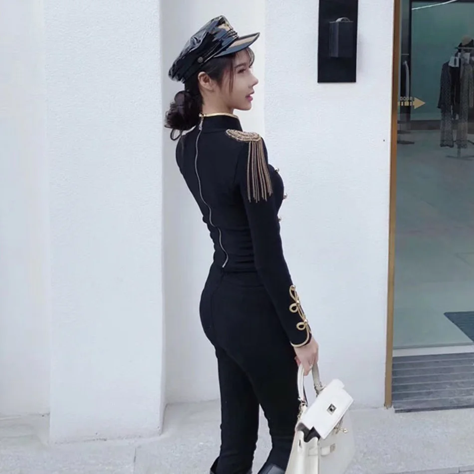 New Autumn And Winter Ladies Club Bandage Suit Black White Fringed Shirt And Pants 2 Pieces Two-Piece Club Party Suit