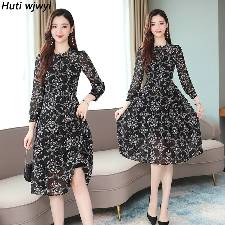 Женское винтажное шифоновое платье миди с принтом осенне зимнее синее цветочным