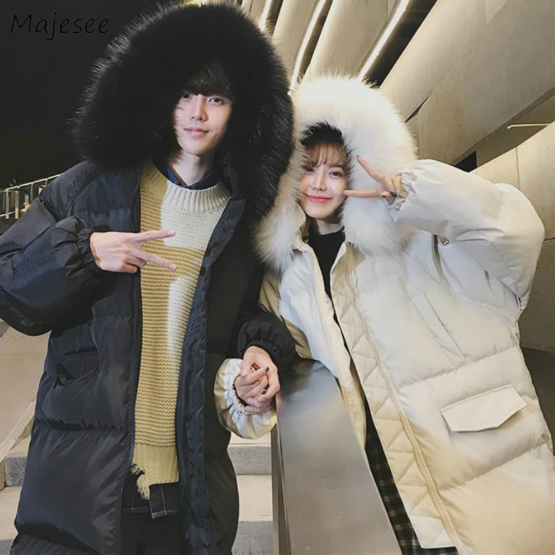 

Parkas Men Medium-long Style Winter Coats Fur Hooded Couples Chic Pockets Solid Plus Size 3XL Loose Warm Thickening Ulzzang New