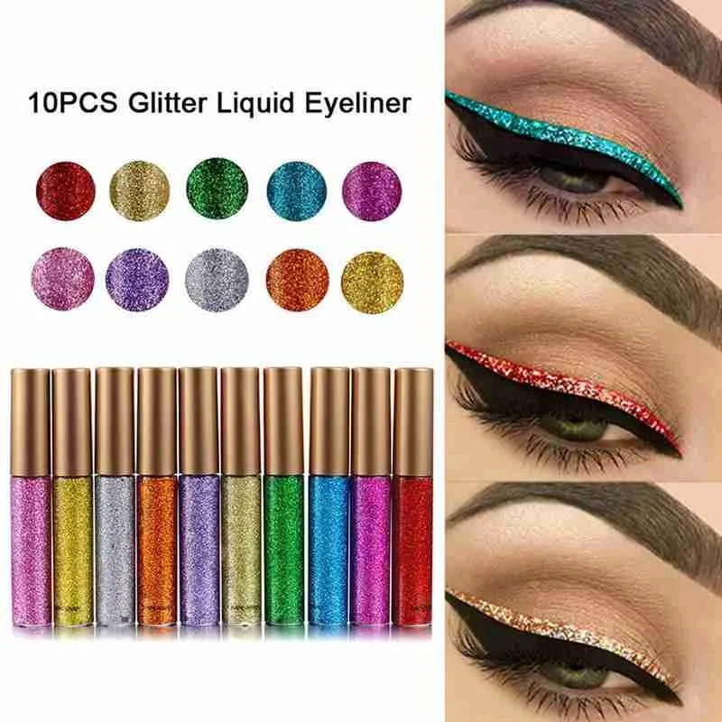 

10pcs/box Pearlescent Liquid Eyeliner Glitter Shimmer Waterproof Smooth Pearlescent Liquid Eyeliner Eye Makeup Cosmetic
