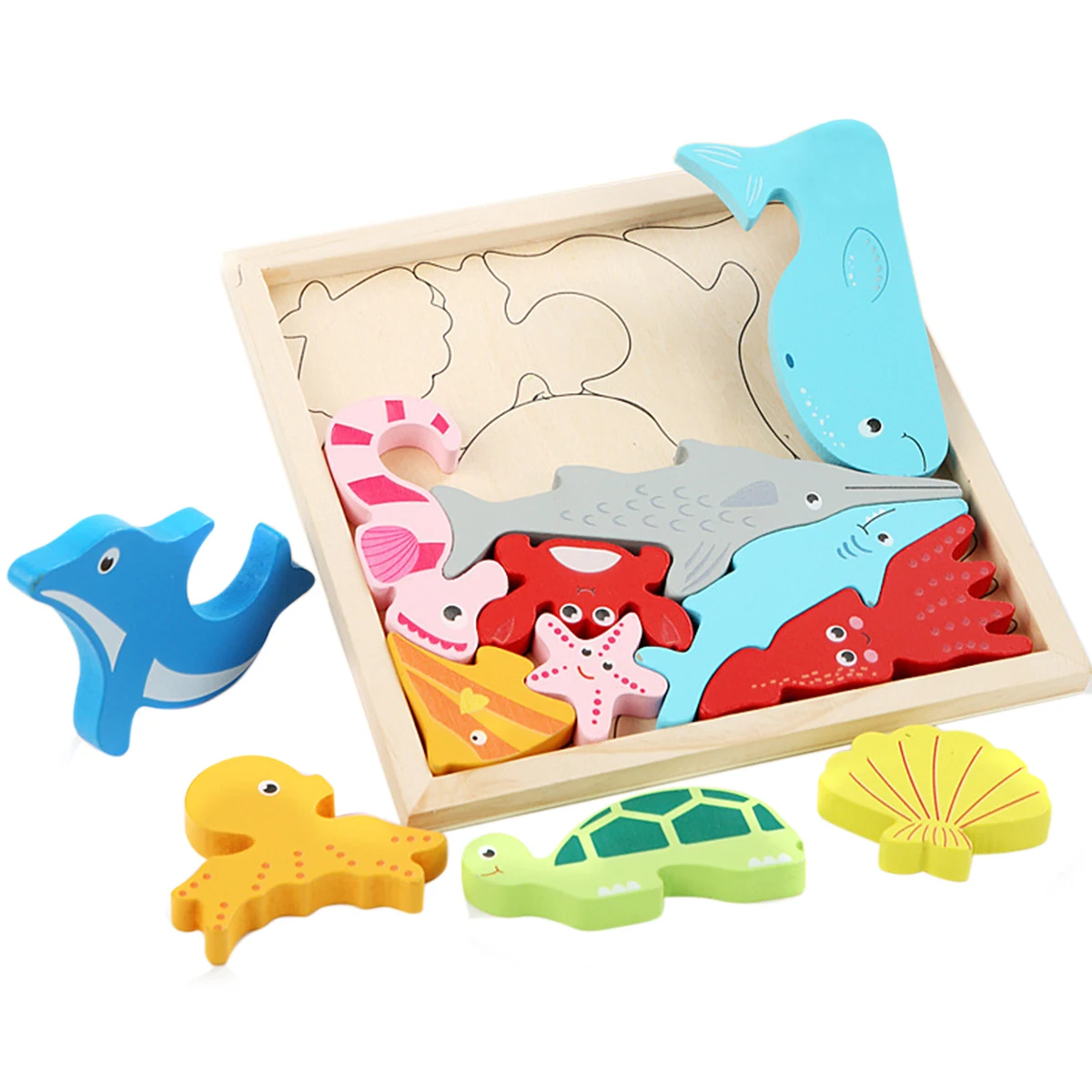 

Wooden Cartoon Animal Puzzles 2 in 1 Wooden Sorting Stacking Toy Marine Animals Blocks Montessori Educational Toys for Boys Girl