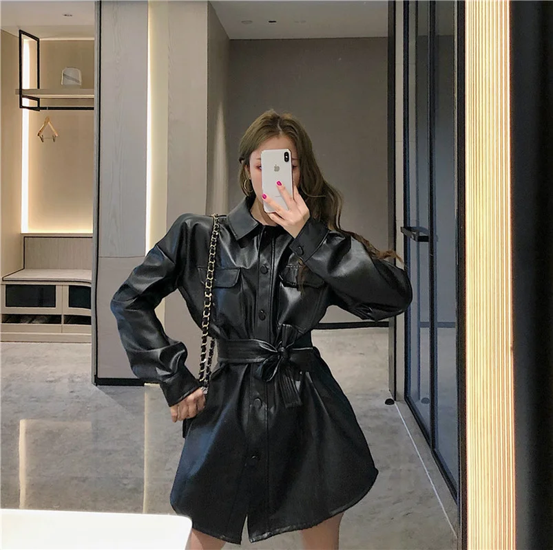

Fashion Oversized Pu Coat 2021 New Elegant Blouses Jacket Women Punk PU Leather Jackets Gothic Long Sleeve Tops with Belt Female