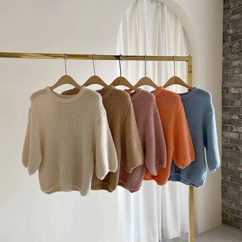 

Women's Casual Oversized Knitting Pullover Solid O-Neck Haft Sleeves Minimalist Knitted Pullover Spring Autumn 2021