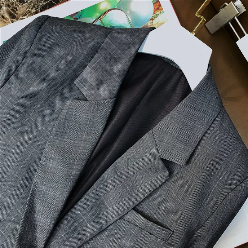 Серая шерстяная в клетку блейзер с одной пуговицей длинными рукавами карманами