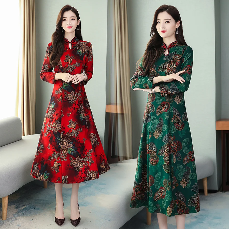 2019 винтажное красное Цветочное платье Чонсам миди платья на осень и зиму 3XL
