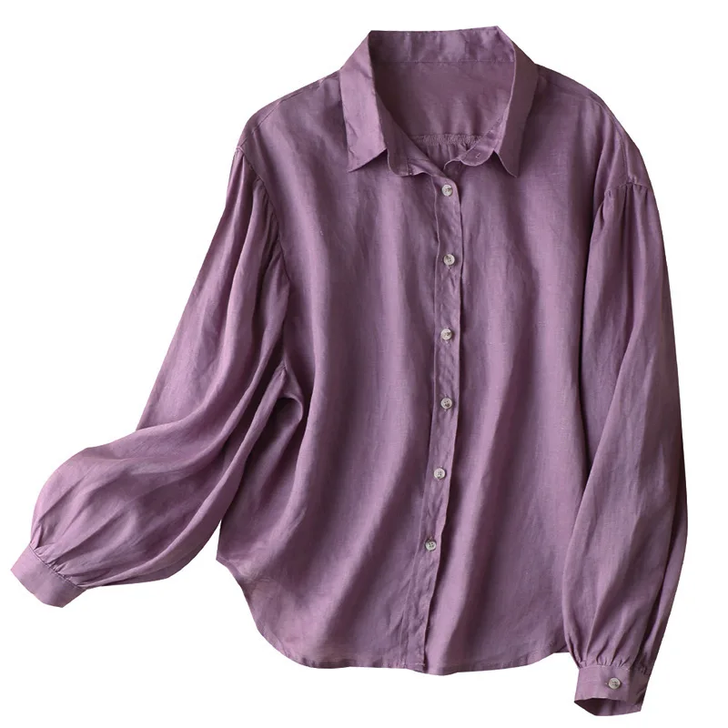 

Shuchan Blouse Women Purple Turn-down Collar Vintage oversized Broadcloth Women-blouses Buttoned Up Shirt Women-blouses