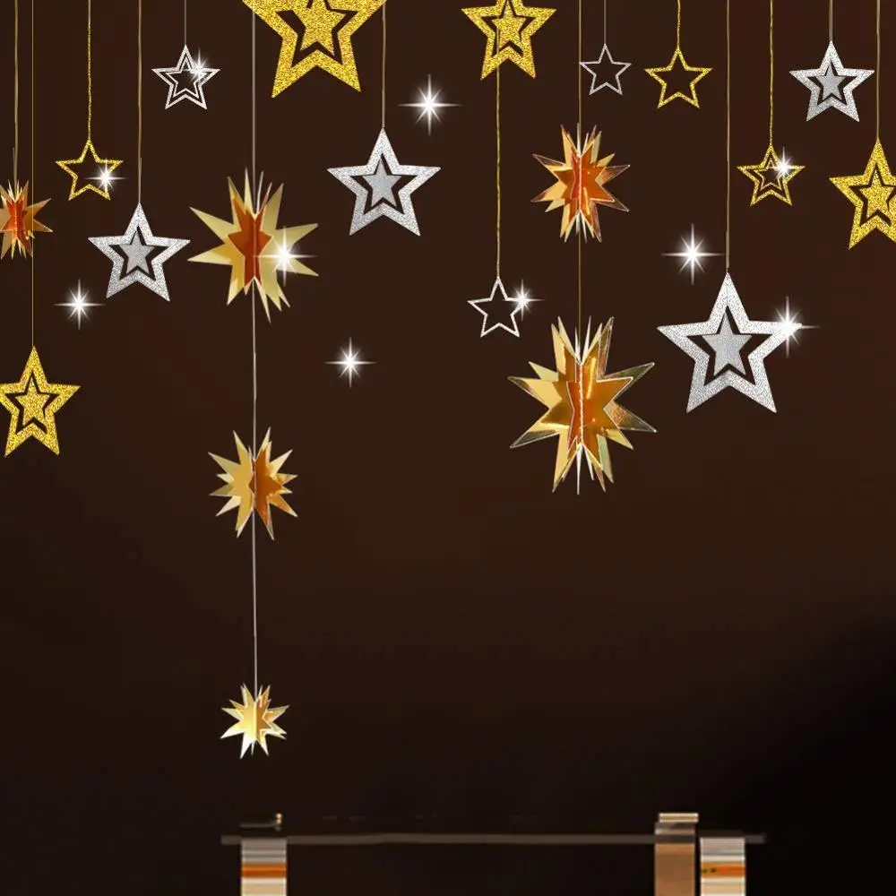 

20Pcs Glitter Gold Silver Hollow 3D Star Christmas Tree Hanging Ornament Birthday Decoration Paper Star Garlands Bunting Banner