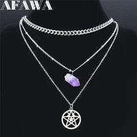2022 3 layers stainless steel purple crystal witchcraft heart with moon charm necklace women silver color jewelry collares 3512