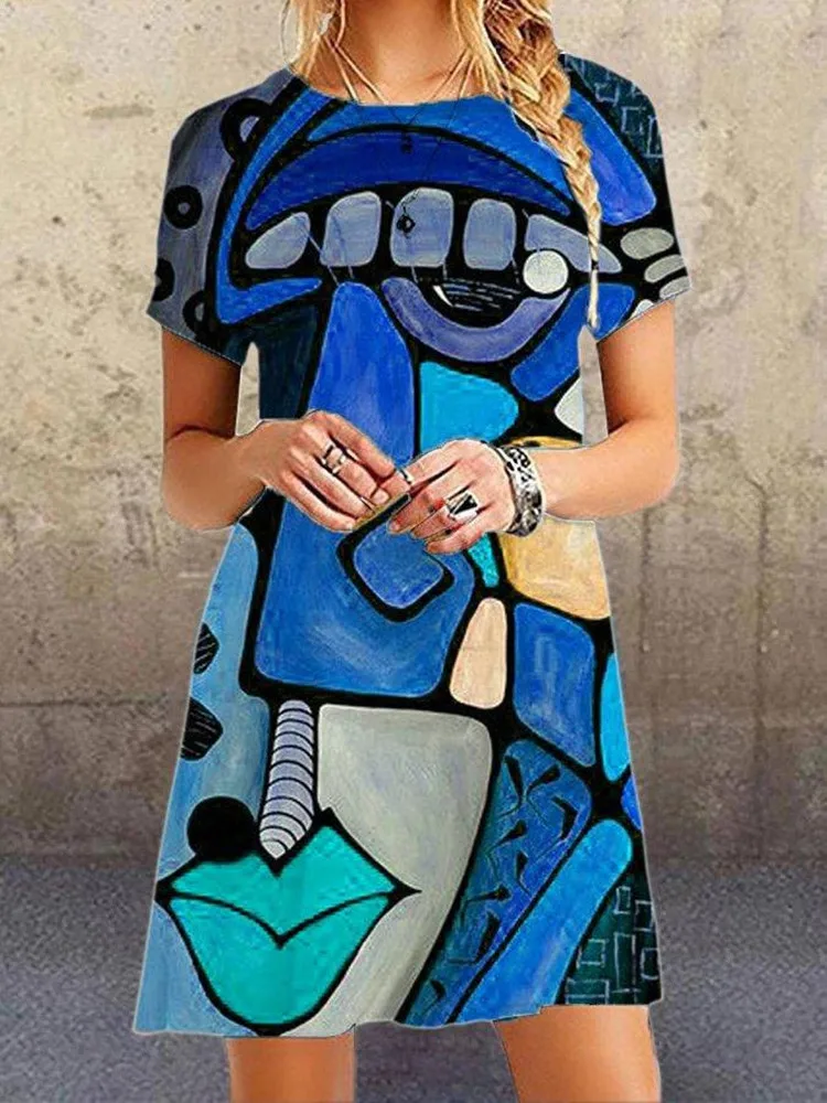 

2020 New Arrival Abstract Face Printed Women A-line Dress Europe Female Short Sleeve Casual Dresses Patchwork Summer Dress