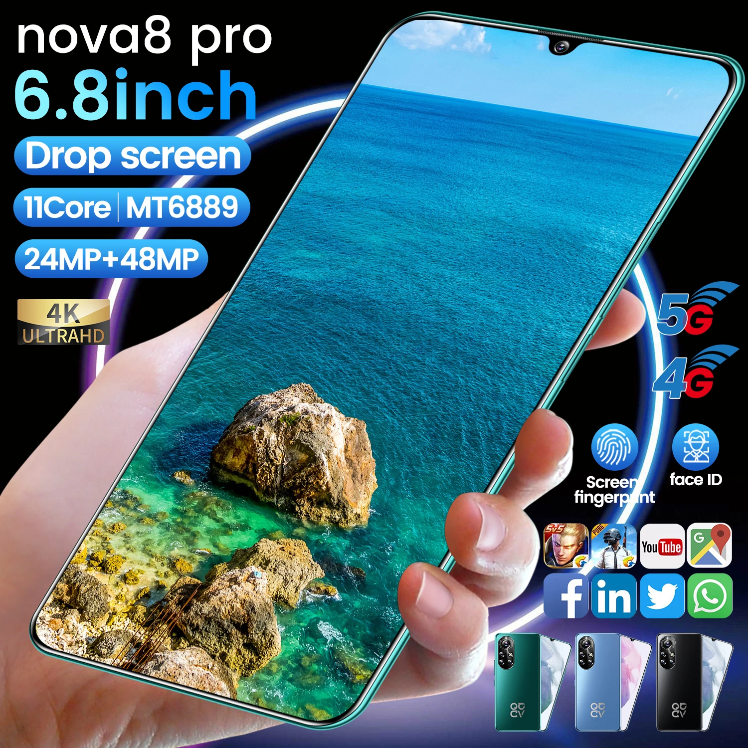 

Nova 8 Pro 16GB RAM 512GB ROM Andriod 10.0 Mobile Cell Phone Global 5G Fingerprint Unlock 6800mAh Smartphonesversion