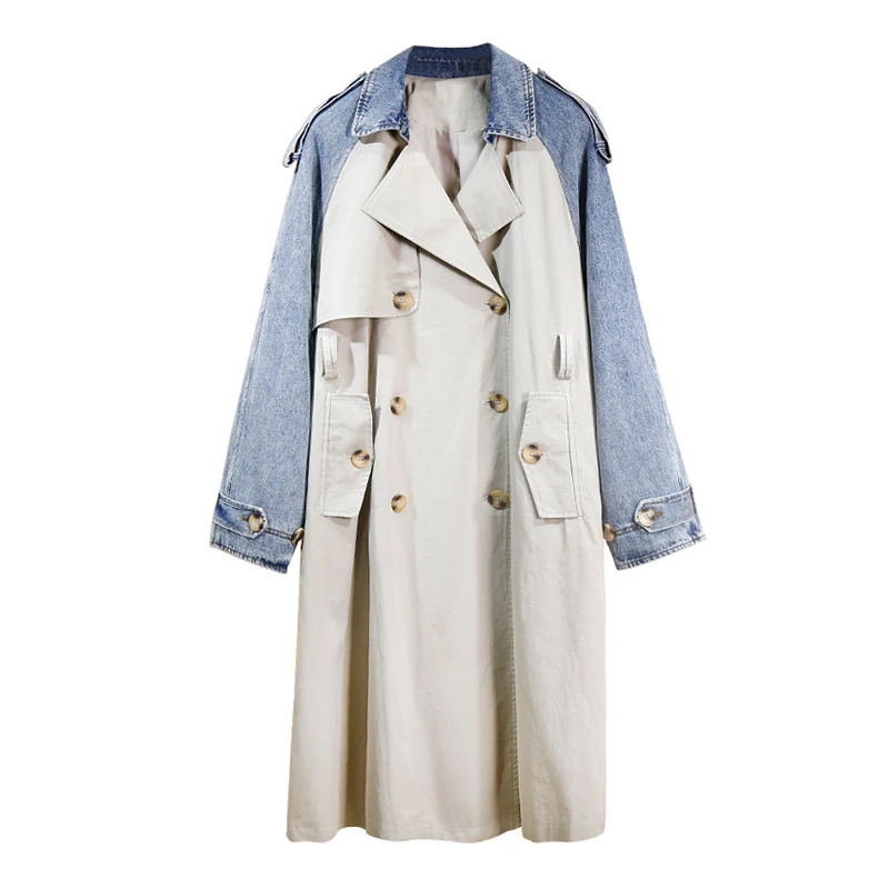 

Женский джинсовый Тренч в стиле пэчворк, Свободная Женская ветровка с отложным воротником и длинным рукавом, Новинка осени 2020, шикарное джи...