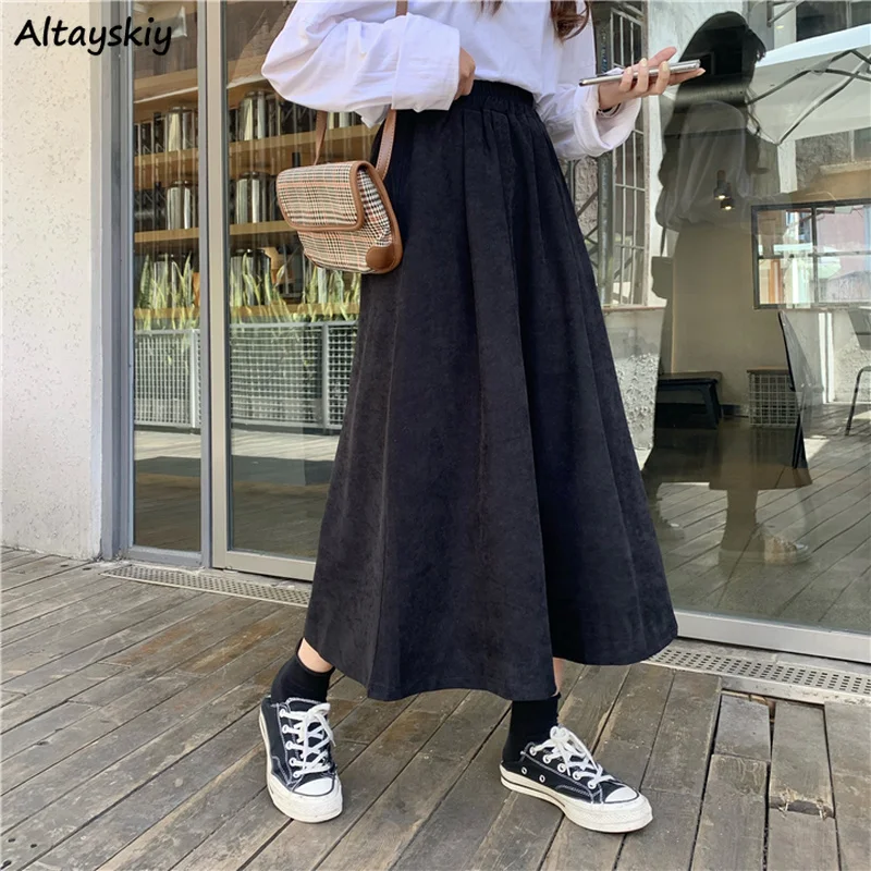 

Skirts Women Spring School Girls New Arrival Simple Long Skirt for Lady Harajuku Elastic Solid Leisure Daily A-Line Student 2020