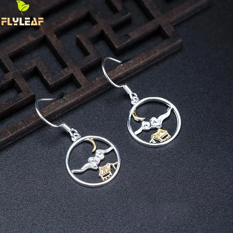 

925 Sterling Silver Moon Cloud Circle Dorp Earrings For Women Chinese Retro Style Lady Fine Jewelry Flyleaf New Arrival