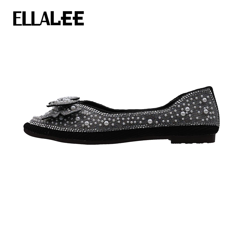 

ELLALEE Low Heels Pump Pointed Shoes Bling Butterfly-knot Pearl Office Lady Shoe Slip on Spring Summer Casual Shallow Loafers