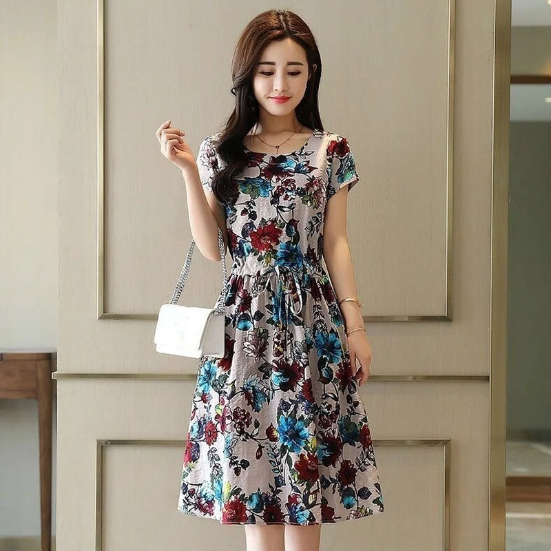 

2021 Summer New Women Loose Short Sleeve Dress Casual Long Printed Dresses Women Vintage Floral Print Dress