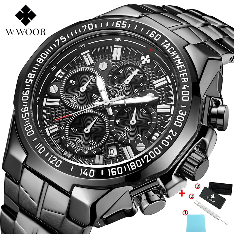 full black WWOOR, новинка, роскошные Брендовые мужские часы, ремешок из нержавеющей стали, спортивные водонепроницаемые часы, мужские кварцевые часы, часы для отдыха - Цвет: full black