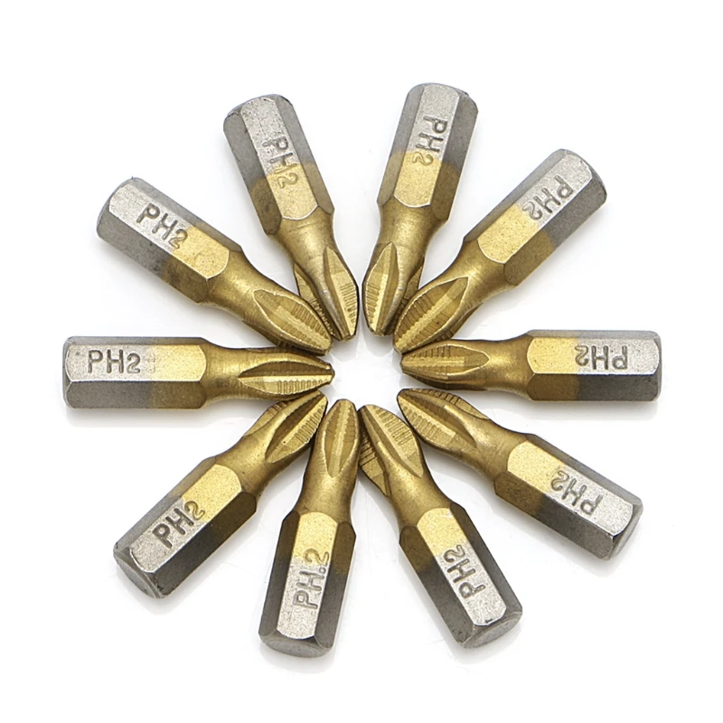 

10 Pcs 1/4" Titanium Coated Anti Slip Hex Shank PH2 Screwdriver Bit 25mm Y5JA