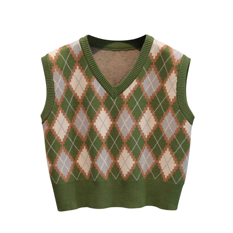

College Style Autumn New Knitted V-neck Sweater Women's Knitting Vest Rhombus Casual Loose