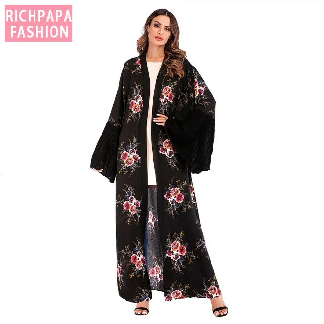 Макси Платье с расклешенным рукавом принт в мусульманском стиле кардиган