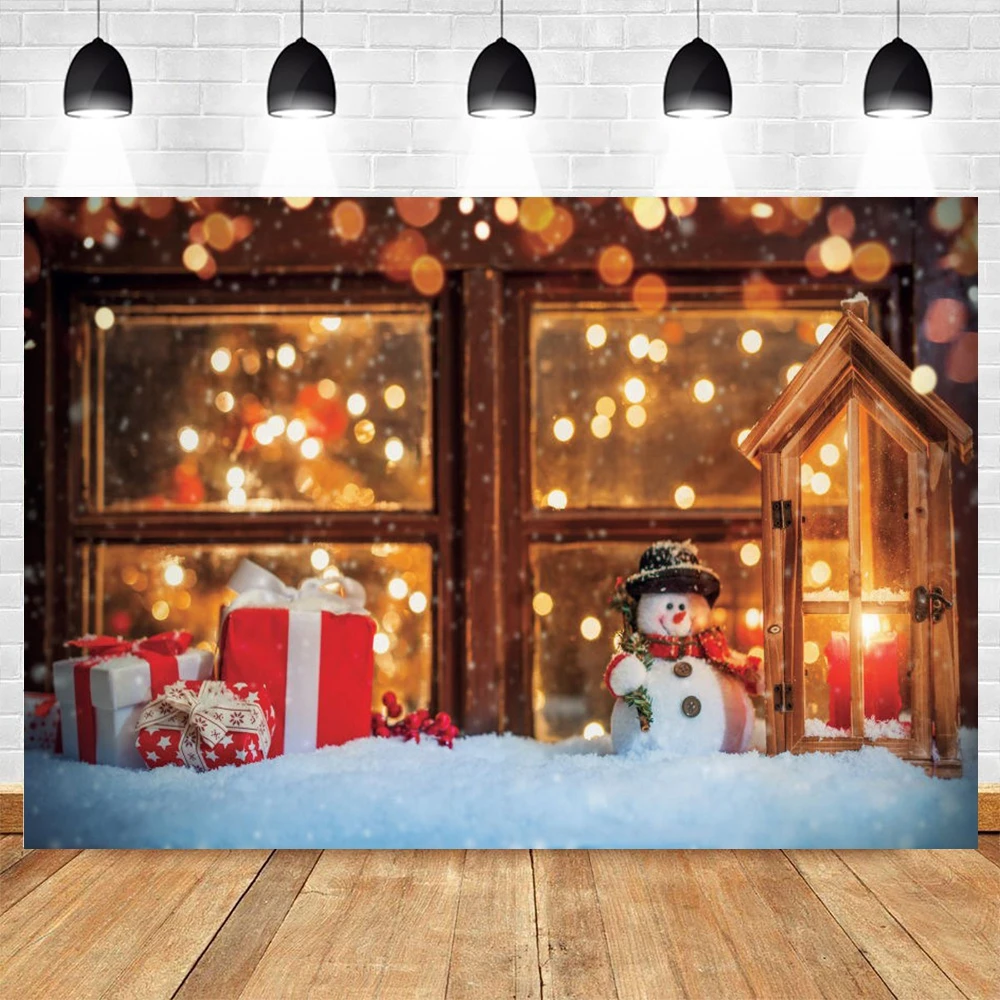 

Winter Windows Christmas Backdrop Gifts Snowman Snow Light Baby Portrait Party Background Photography Photocall For Photo Studio