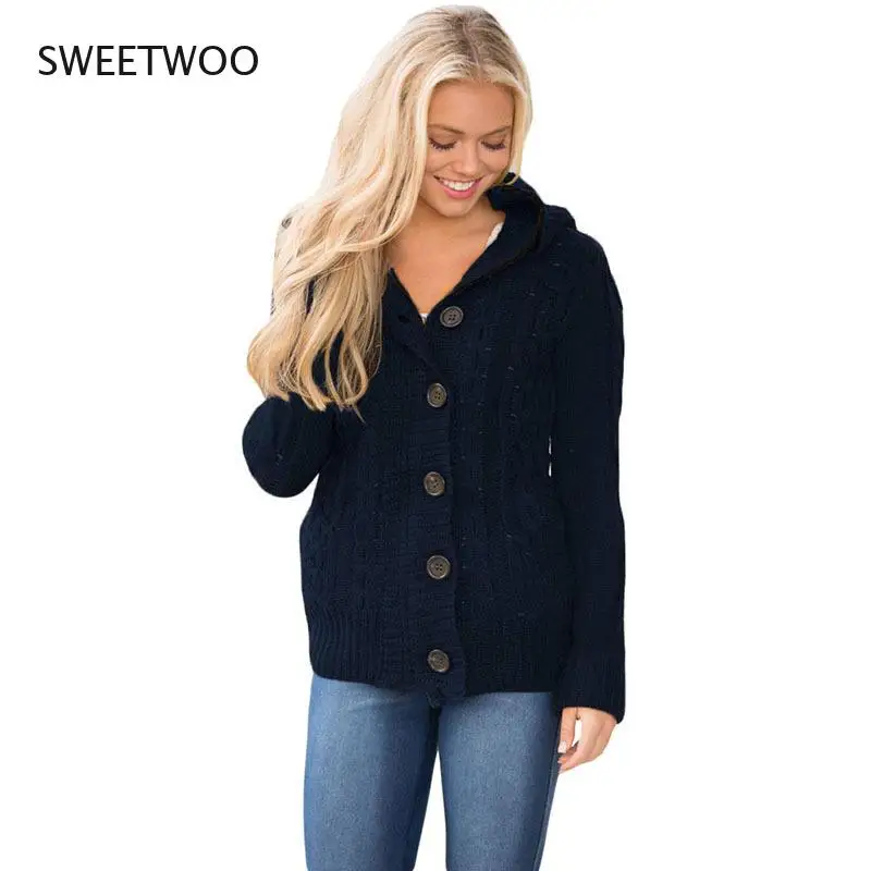 

Однотонный осенне-зимний женский кардиган куртка с длинным рукавом с капюшоном вязаный женский свитер в европейском стиле кардиган