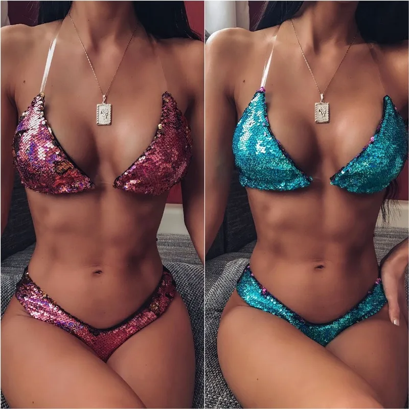 2020 пайетками блестящее бикини набор Двойка купальник Для женщин из двух частей