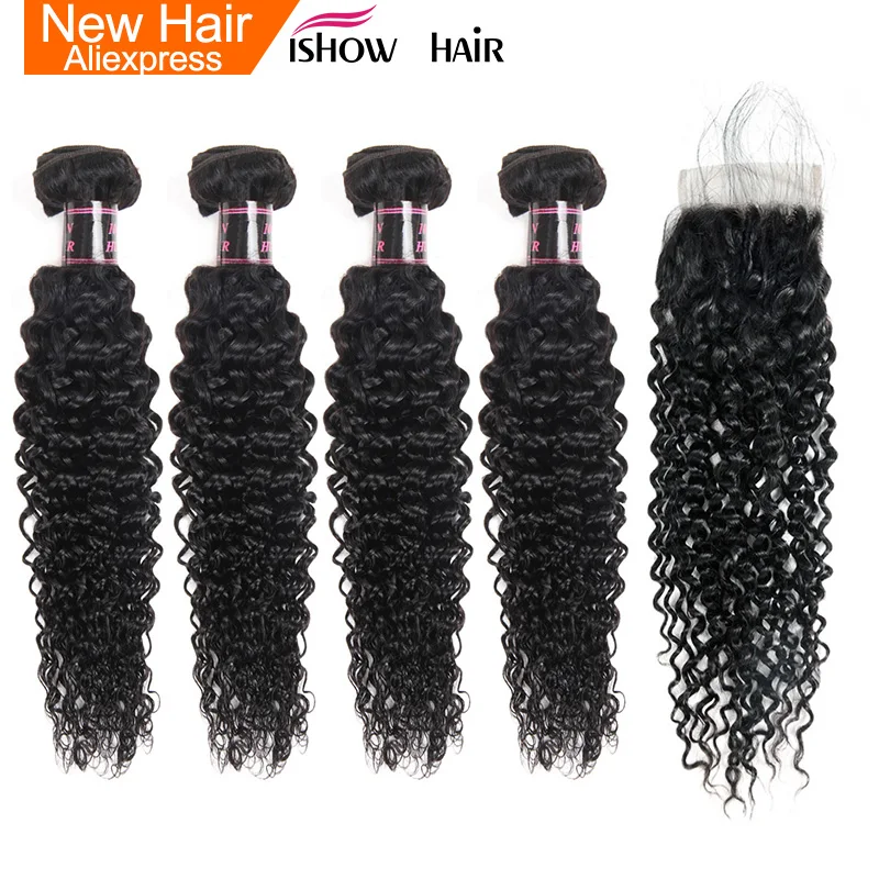 Ishow бразильские кудрявые пучки человеческих волос с закрытием 4*4 свободная часть