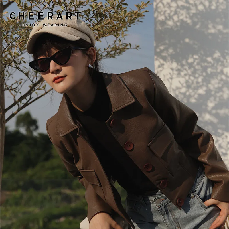 CHEERART коричневая Короткая кожаная куртка для женщин байкерская тонкая короткая