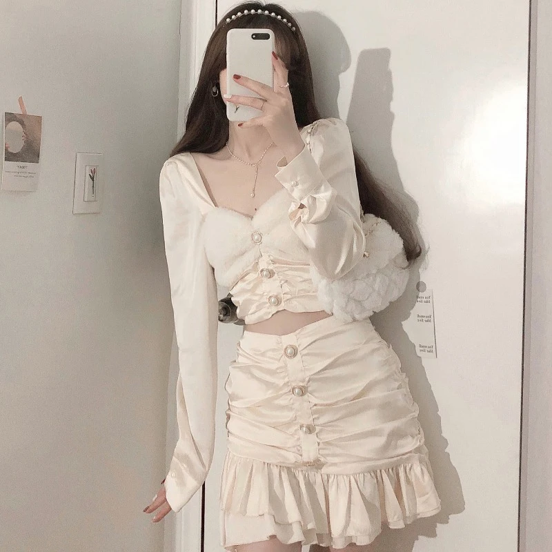 

Casual Satin Two Piece Dress Set For Women White O-neck Button Top Bandage Mini Pencil Skirts Outfits Fashion Party Suit